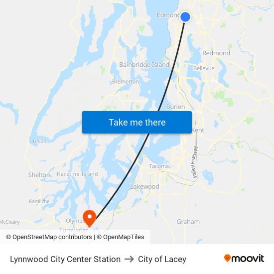 Lynnwood Transit Center to City of Lacey map