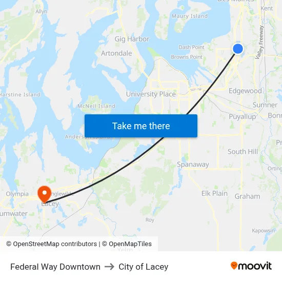 Federal Way Downtown to City of Lacey map