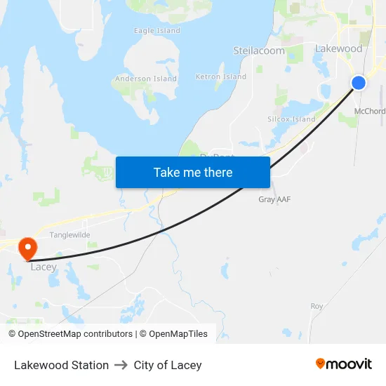Lakewood Station to City of Lacey map