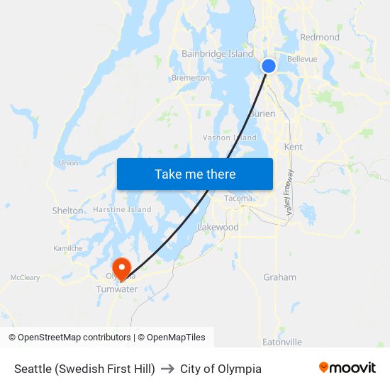 Seattle (Swedish First Hill) to City of Olympia map