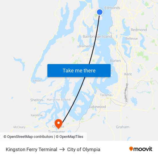 Kingston Ferry Terminal to City of Olympia map