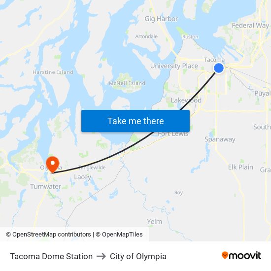 Tacoma Dome Station to City of Olympia map