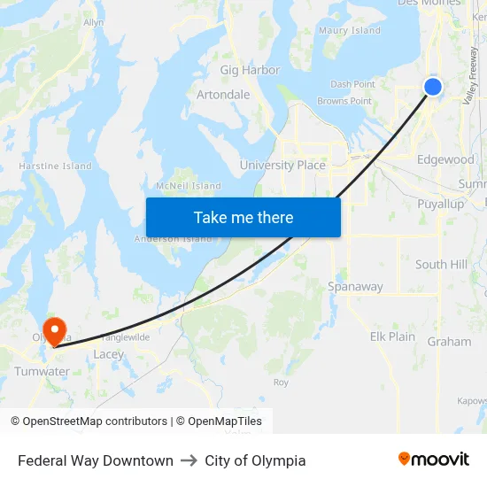 Federal Way Downtown to City of Olympia map