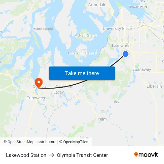 Lakewood Station to Olympia Transit Center map