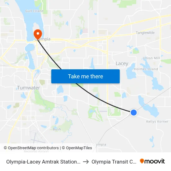 Olympia-Lacey Amtrak Station (OLW) to Olympia Transit Center map