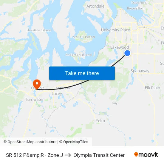 SR 512 P&amp;R - Zone J to Olympia Transit Center map