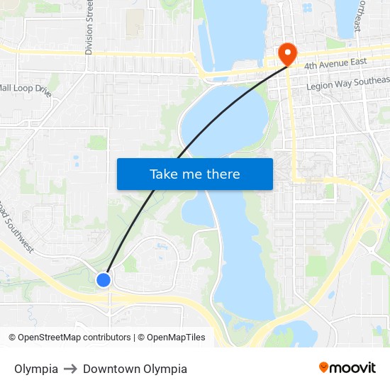 Olympia to Downtown Olympia map