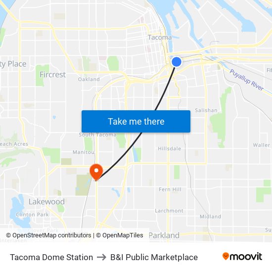Tacoma Dome Station to B&I Public Marketplace map