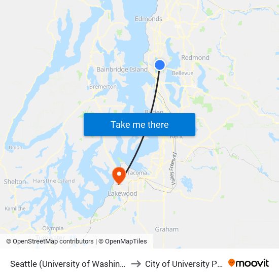 Seattle (University of Washington) to City of University Place map