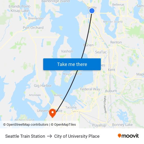 Seattle Train Station to City of University Place map
