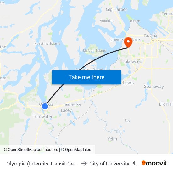 Olympia (Intercity Transit Center) to City of University Place map