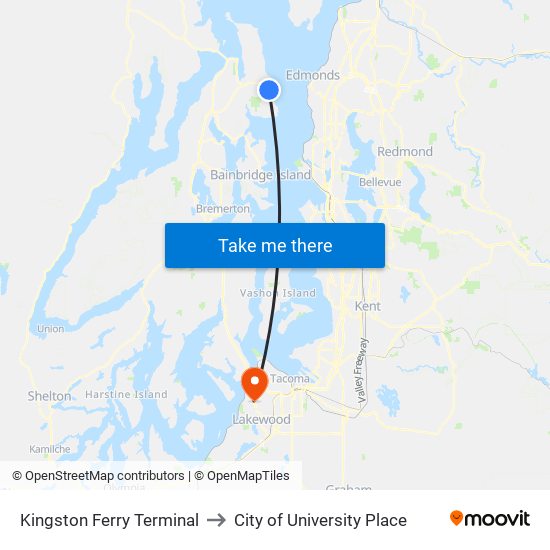 Kingston Ferry Terminal to City of University Place map