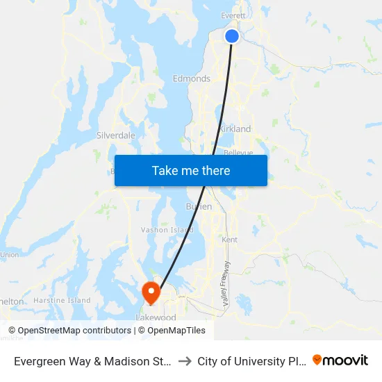 Evergreen Way & Madison St - NB to City of University Place map