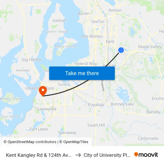 Kent Kangley Rd & 124th Ave SE to City of University Place map