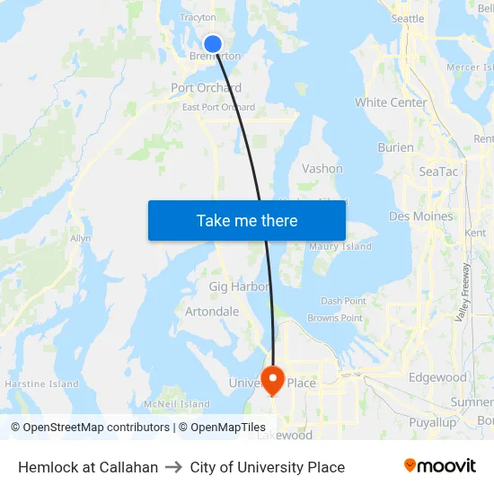 Hemlock at Callahan to City of University Place map