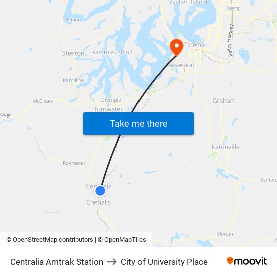 Centralia Amtrak Station to City of University Place map