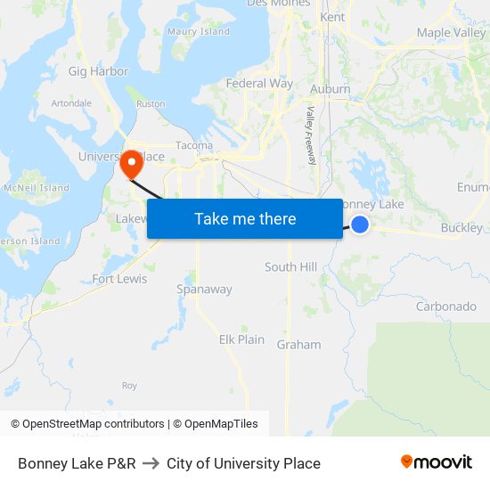 Bonney Lake P&R to City of University Place map