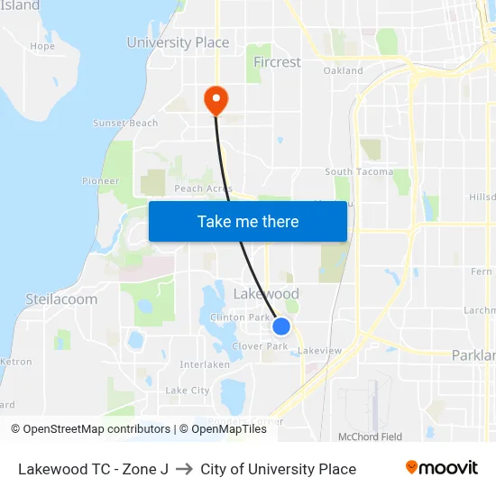 Lakewood TC - Zone J to City of University Place map