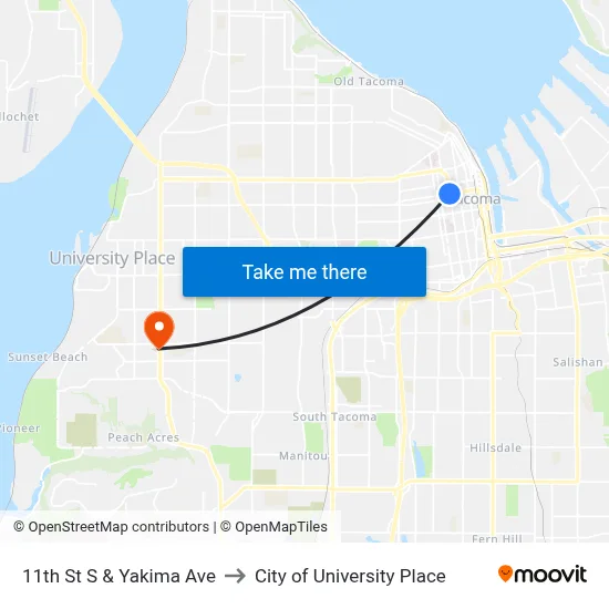 11th St S & Yakima Ave to City of University Place map