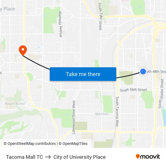 Tacoma Mall TC to City of University Place map