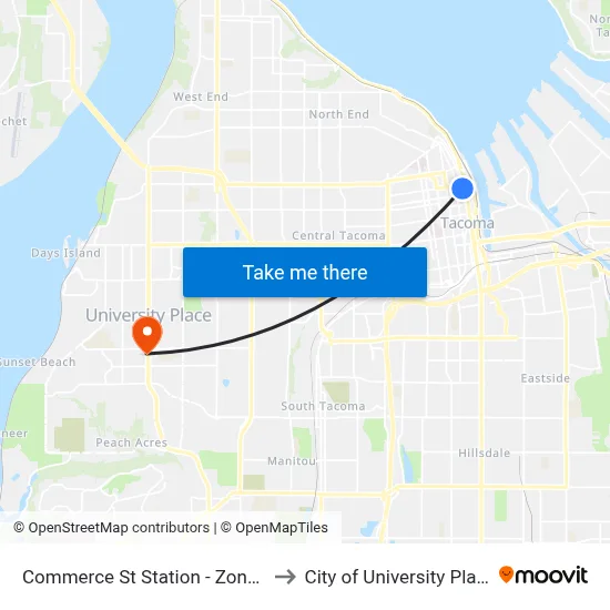 Commerce St Station - Zone B to City of University Place map