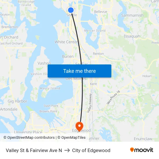 Valley St & Fairview Ave N to City of Edgewood map