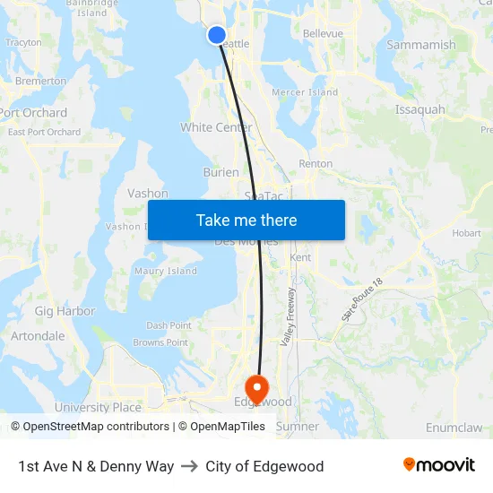 1st Ave N & Denny Way to City of Edgewood map