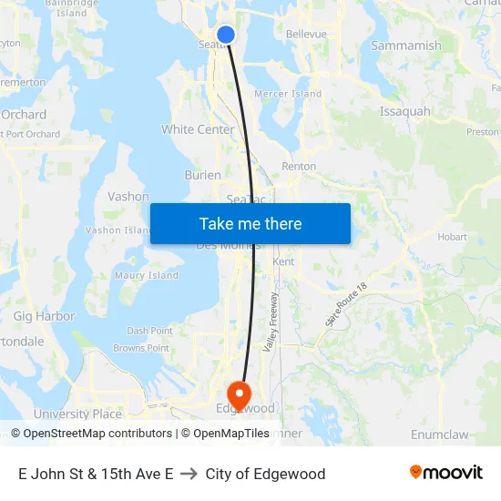 E John St & 15th Ave E to City of Edgewood map