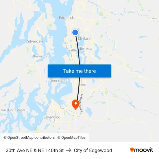 30th Ave NE & NE 140th St to City of Edgewood map