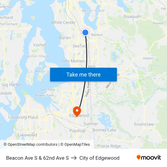 Beacon Ave S & 62nd Ave S to City of Edgewood map