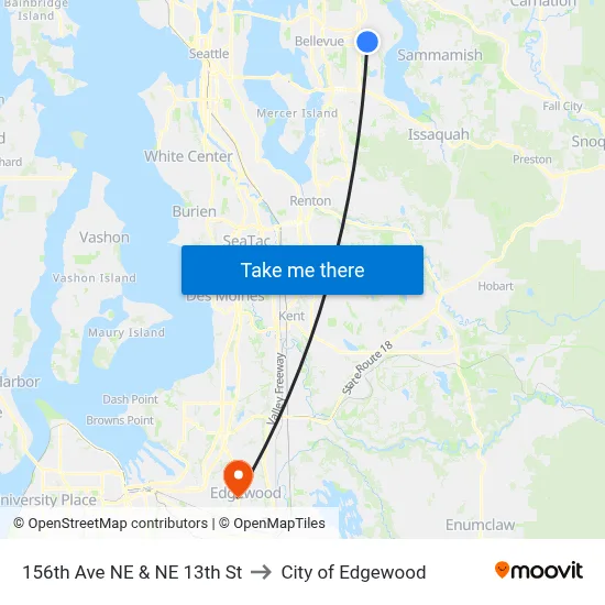 156th Ave NE & NE 13th St to City of Edgewood map
