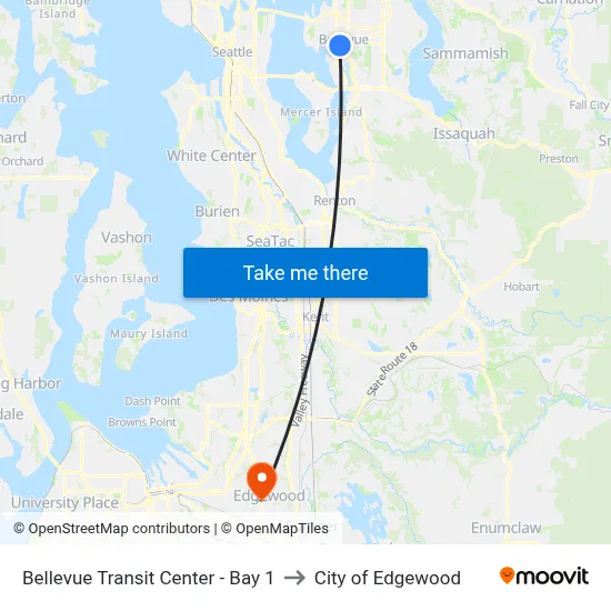 Bellevue Transit Center - Bay 1 to City of Edgewood map