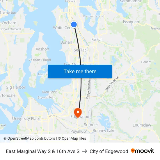 East Marginal Way S & 16th Ave S to City of Edgewood map