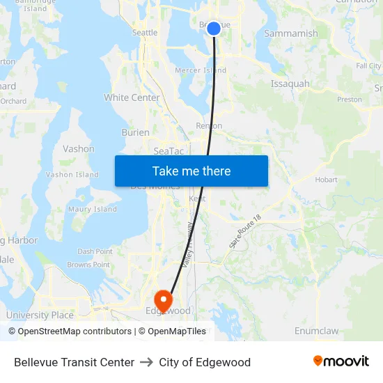 Bellevue Transit Center to City of Edgewood map