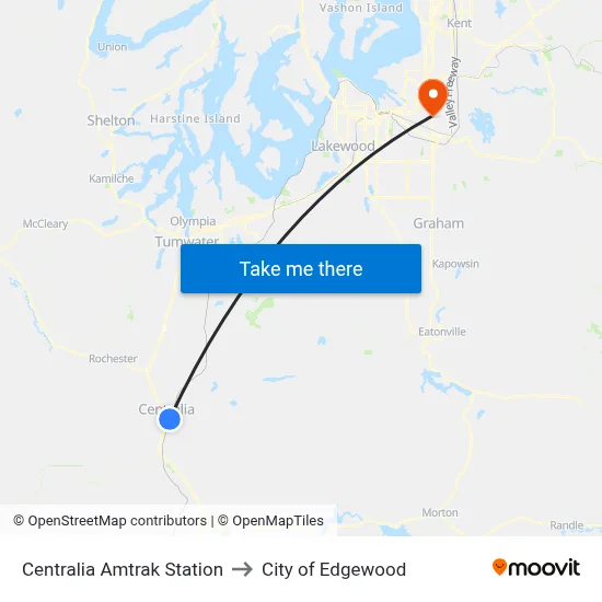 Centralia Amtrak Station to City of Edgewood map