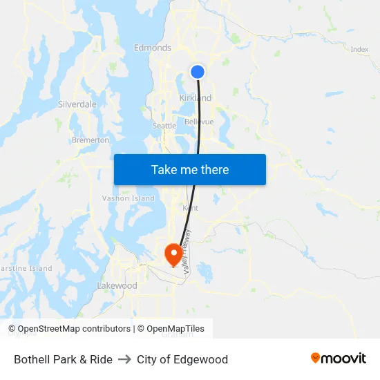 Bothell Park & Ride to City of Edgewood map