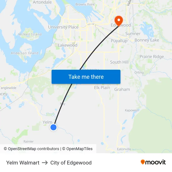 Yelm Walmart to City of Edgewood map
