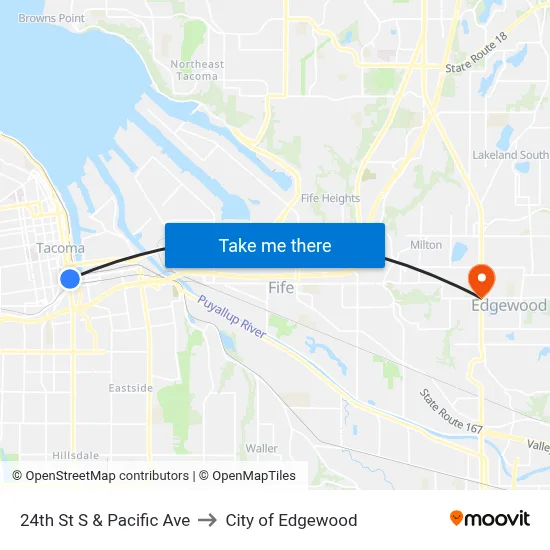 24th St S & Pacific Ave to City of Edgewood map