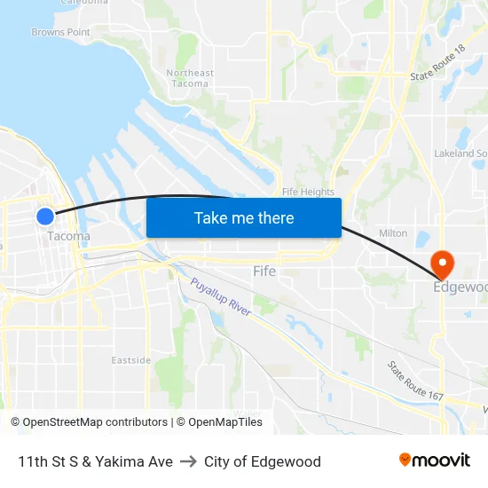 11th St S & Yakima Ave to City of Edgewood map