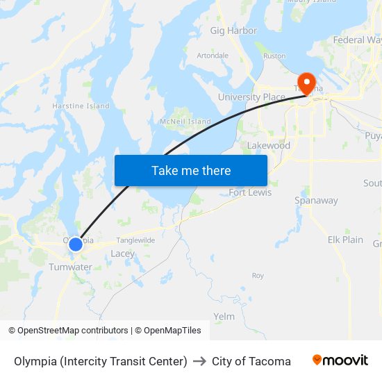 Olympia (Intercity Transit Center) to City of Tacoma map
