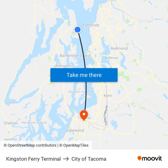 Kingston Ferry Terminal to City of Tacoma map