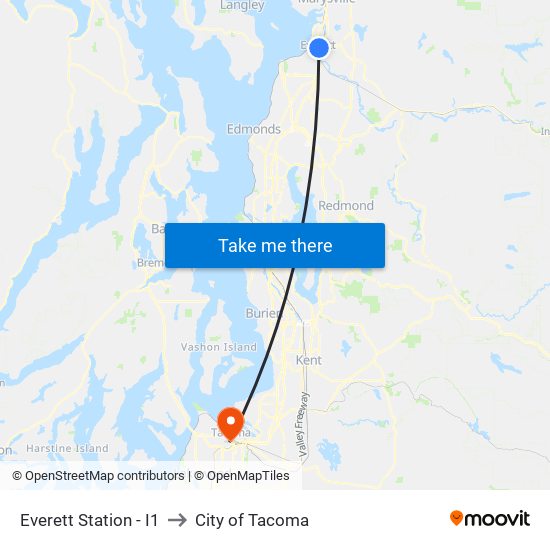 Everett Station - I1 to City of Tacoma map