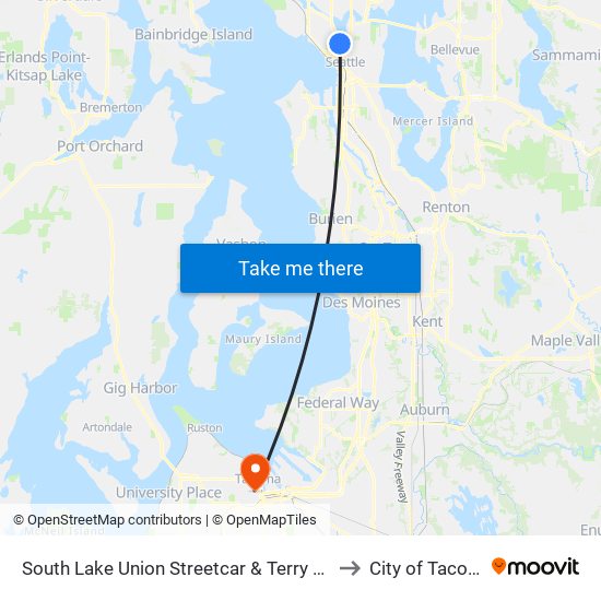 South Lake Union Streetcar & Terry Ave N to City of Tacoma map