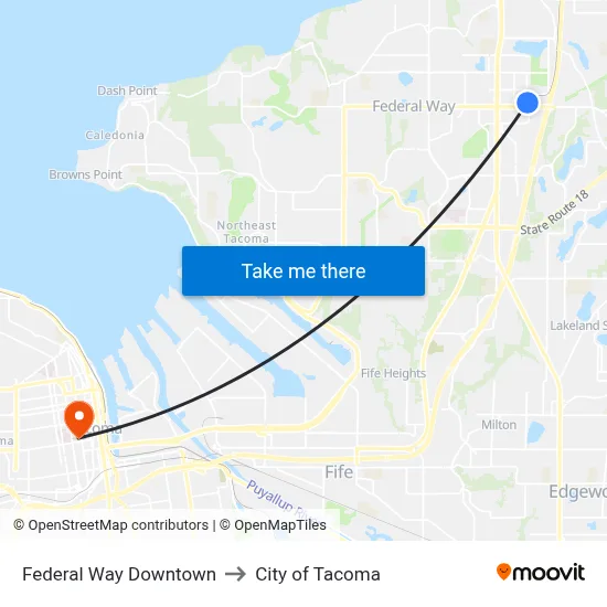 Federal Way Downtown to City of Tacoma map