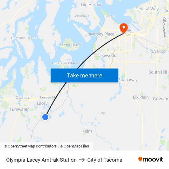 Olympia-Lacey Amtrak Station to City of Tacoma map