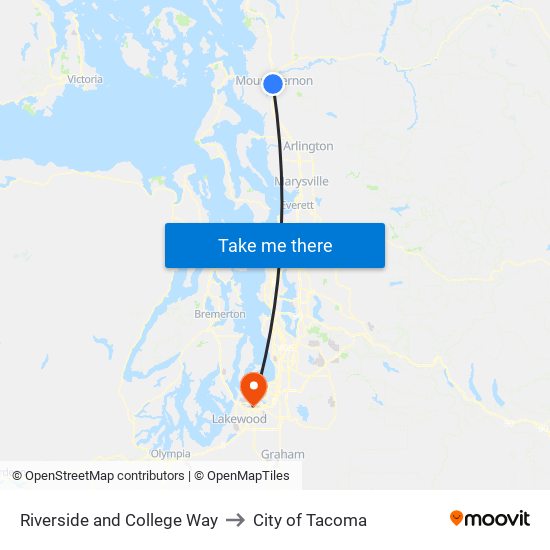 Riverside and College Way to City of Tacoma map