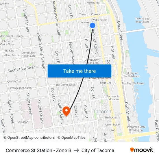 Commerce St Station - Zone B to City of Tacoma map