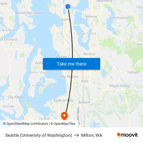 Seattle (University of Washington) to Milton, WA map