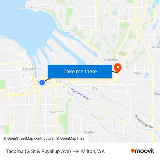 Tacoma (G St & Puyallup Ave) to Milton, WA map