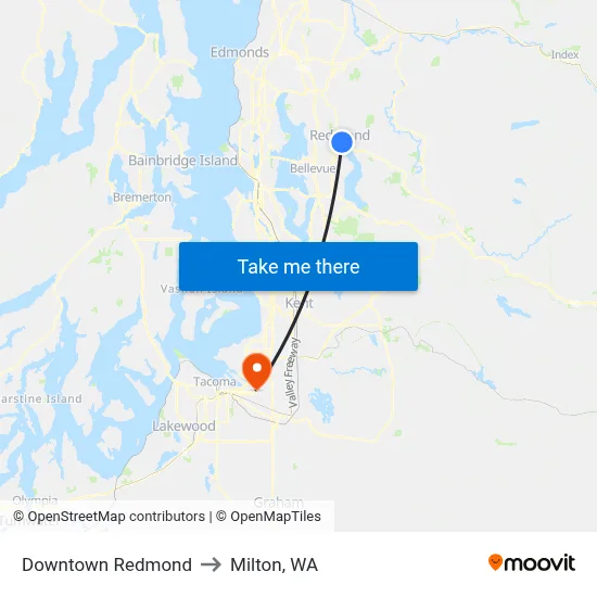 Downtown Redmond to Milton, WA map